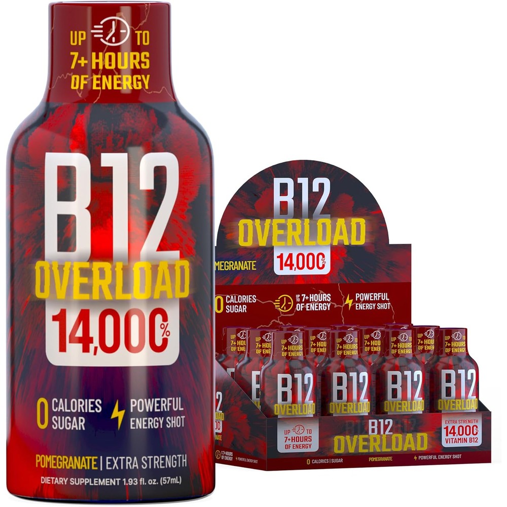 Vitamin Energy B12 Overload Pomegranate shots front view 12 pack bundle