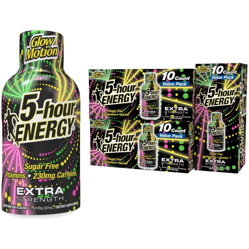 5-hour ENERGY Extra Strength Glow Motion Fruity Rainbow 30-pack front view energy supplement