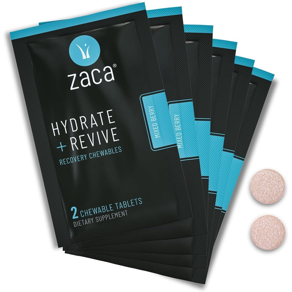 Zaca Recovery Chewable Supplement front packaging showing 12 tablets mixed berry flavor.