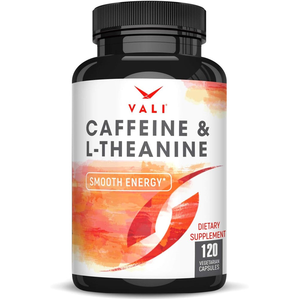 VALI Caffeine and L Theanine 120 capsules front view for mental focus.