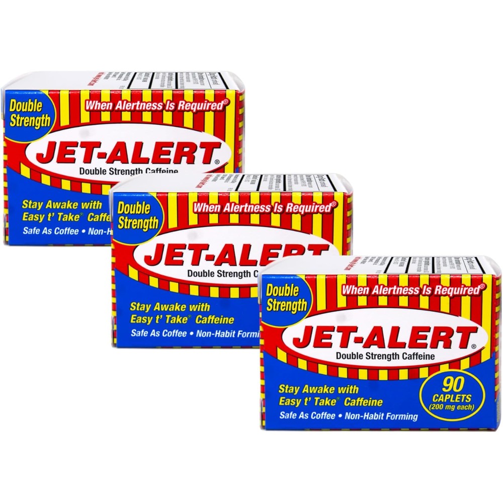 Jet-Alert Double Strength Caffeine 200 mg 90 Count bottle front view for mental focus.