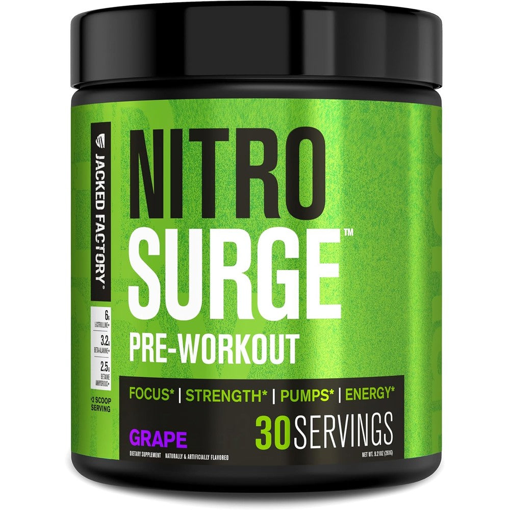 Jacked Factory Nitrosurge Pre Workout Grape container front view for muscle pumps