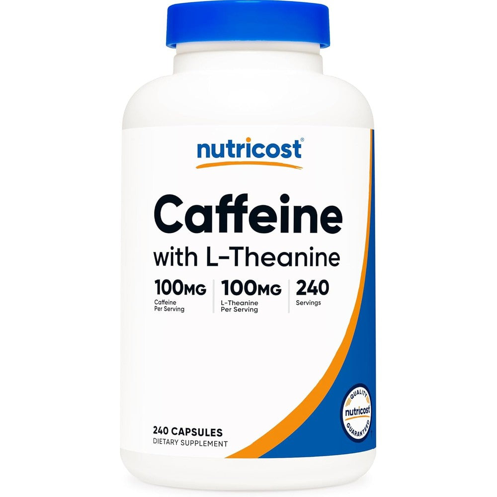 Nutricost Caffeine with L-Theanine 240 capsules front bottle view for mental clarity