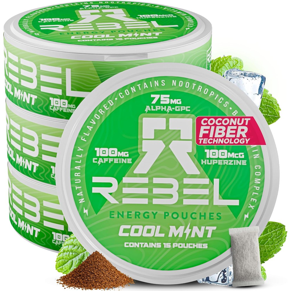 Rebel Supplements Nootropic Energy Caffeine Pouches Cool Mint 4 pack front view.
