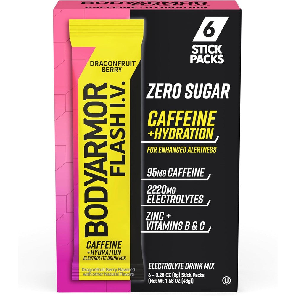 BODYARMOR Caffeinated Flash IV Electrolyte Packets front view showing 6 count box