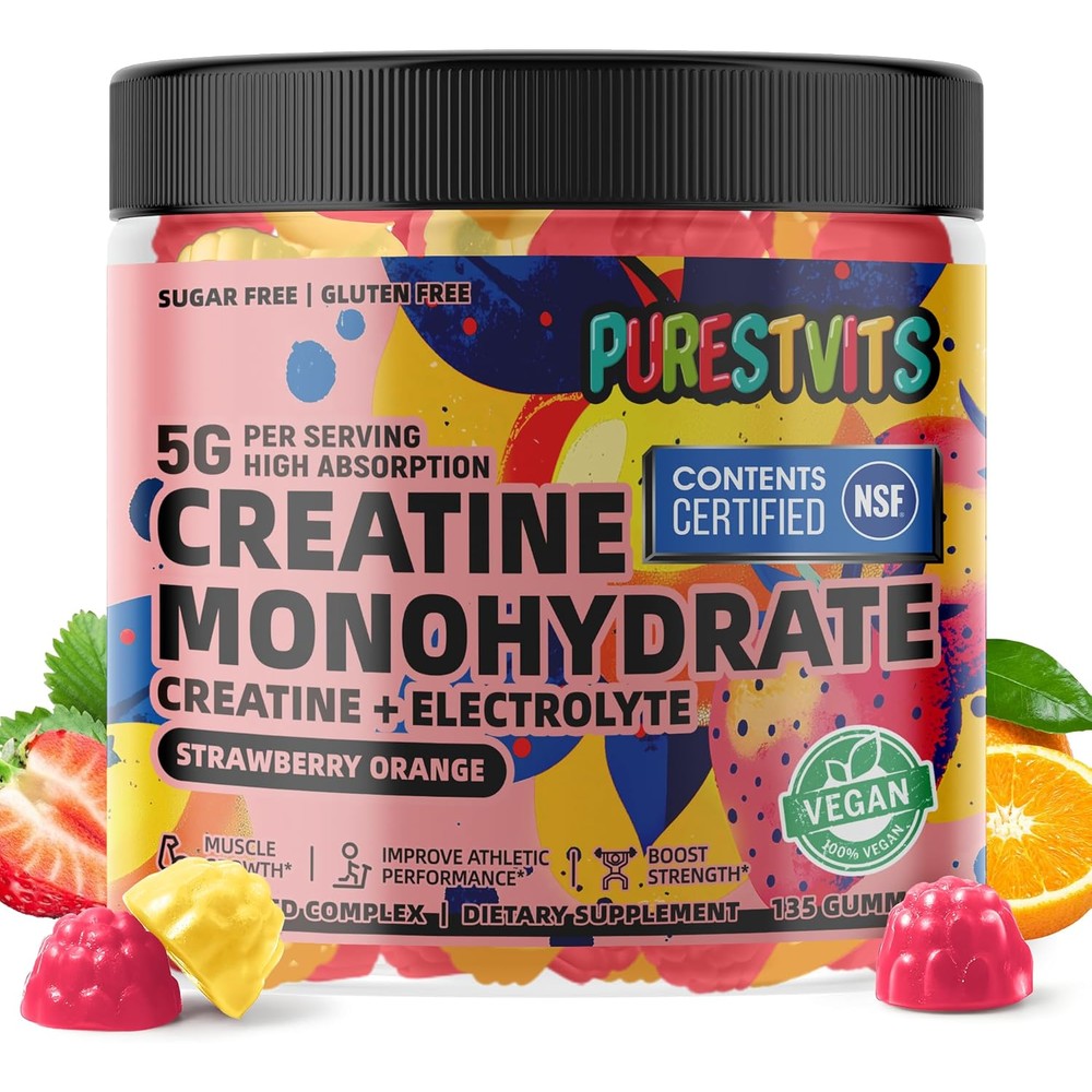 PURESTVITS NSF Certified Creatine Monohydrate Gummies front bottle view for muscle growth.