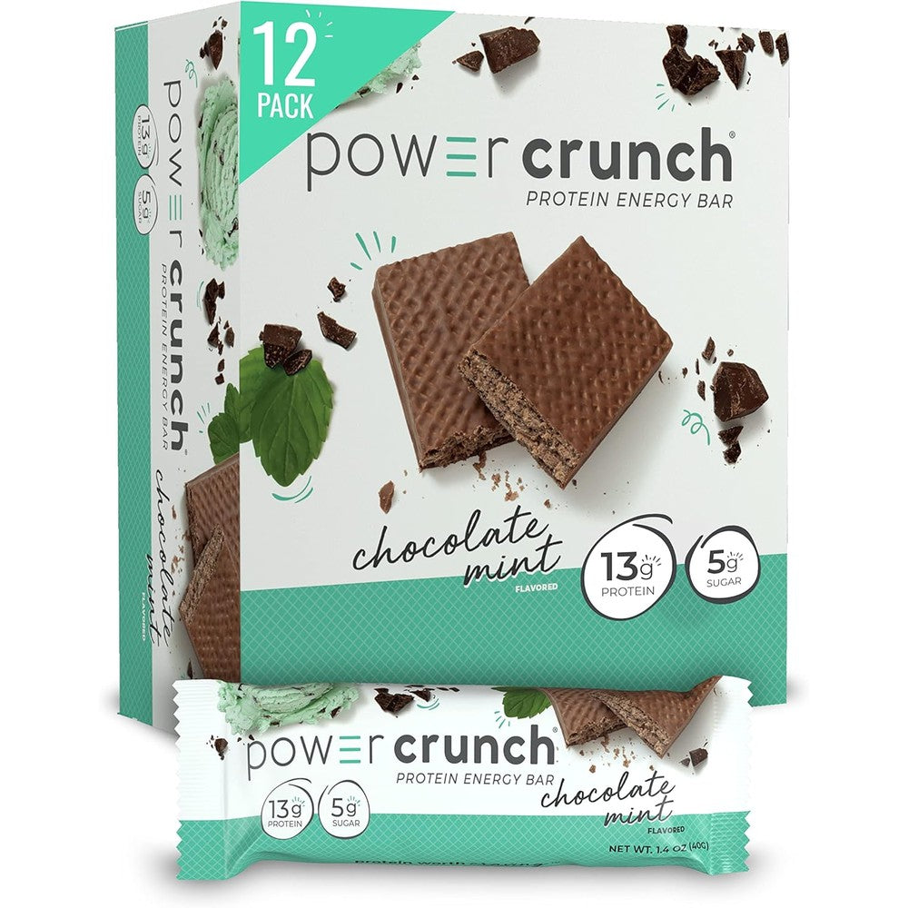 Power Crunch Original Chocolate Mint Protein Wafer Bar front view authentic USA imported snack.