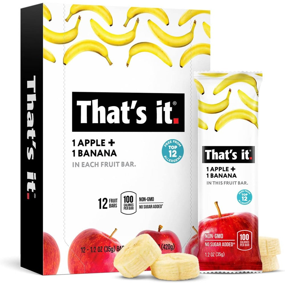 That's It Nutrition Apples + Banana Fruit Bar front view of packaging health food snack