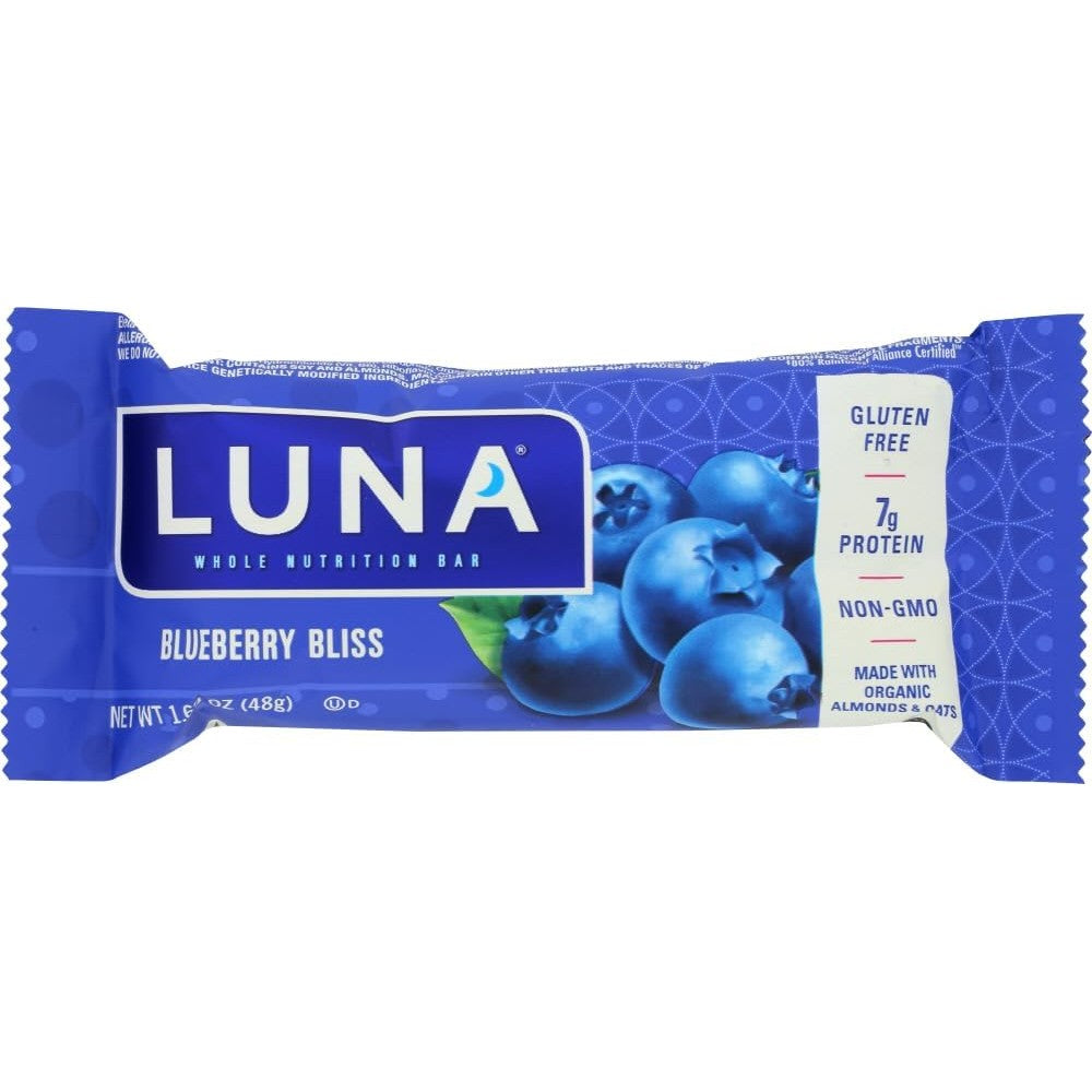 Clif Bar Luna Blueberry Bliss front packaging showing 12 count multipack organic protein bars