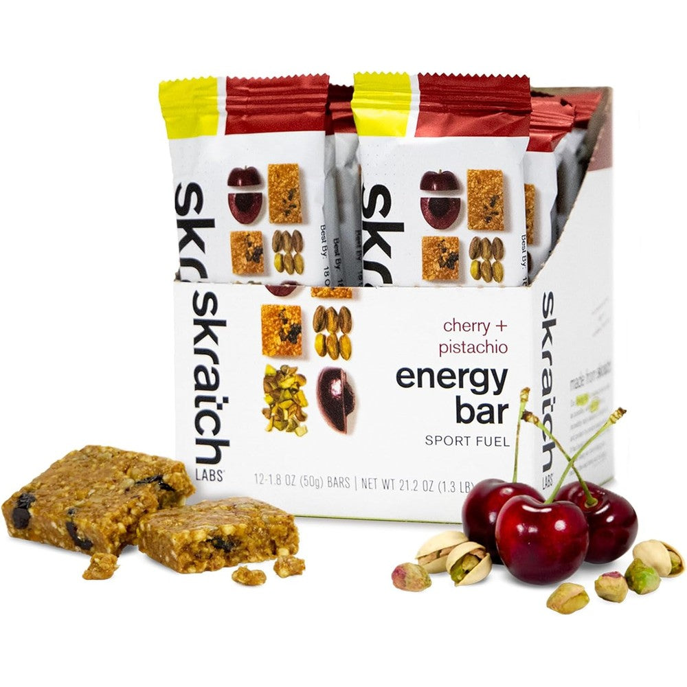 Skratch Labs Energy Bar Cherry and Pistachio 12 pack box front view plant based snack