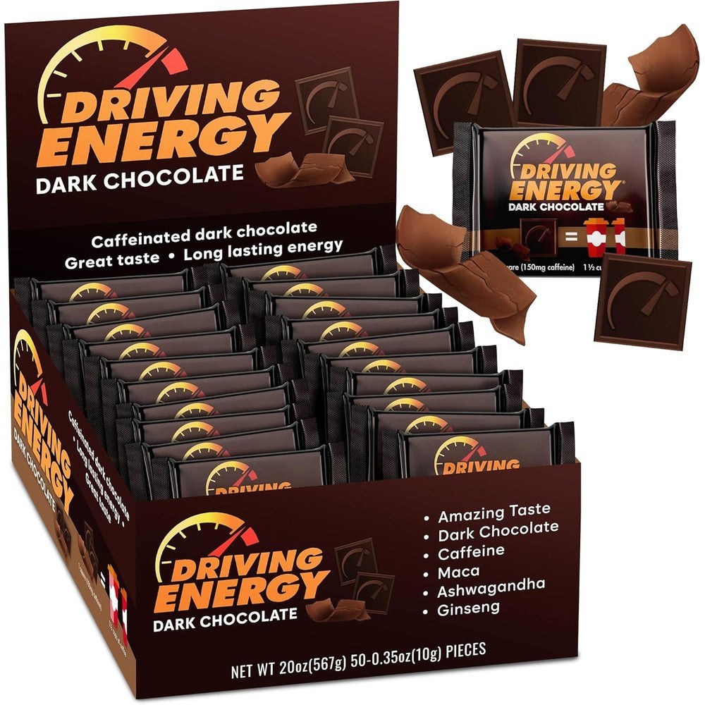 ZenEvo Driving Energy Caffeinated Dark Chocolate 50 count box front view