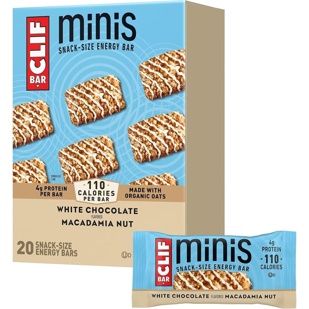 CLIF BAR Minis White Chocolate Macadamia Nut 20 pack front view best protein bars