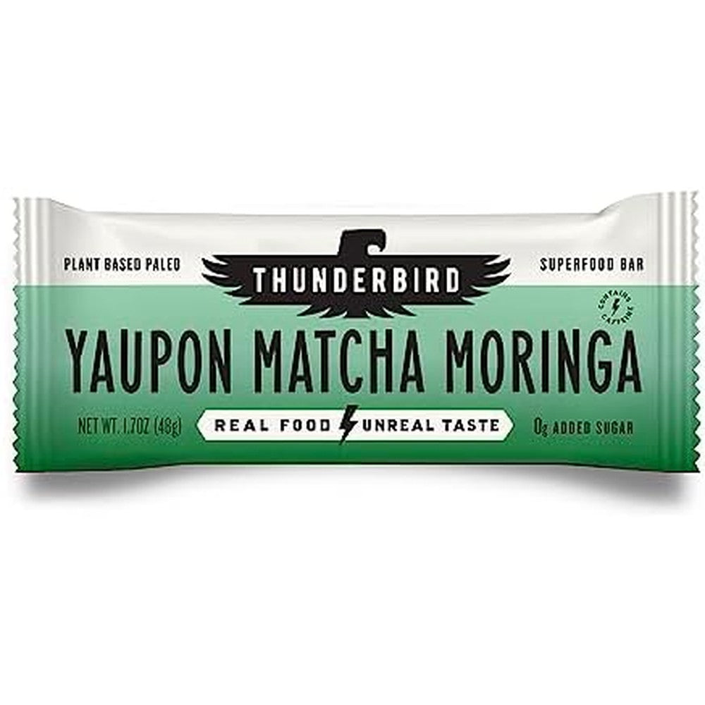 Thunderbird Real Food Bars Yaupon Matcha Moringa 12 count front view vegan energy snacks