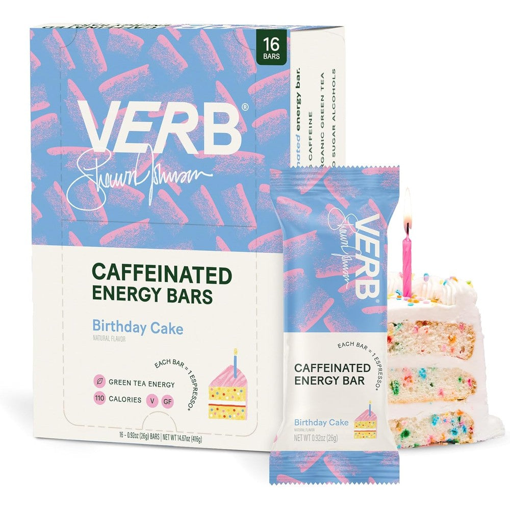 Verb Caffeinated Energy Bar Birthday Cake front packaging view with energy benefits.
