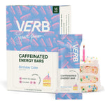 Verb Caffeinated Energy Bar Birthday Cake front packaging view with energy benefits.