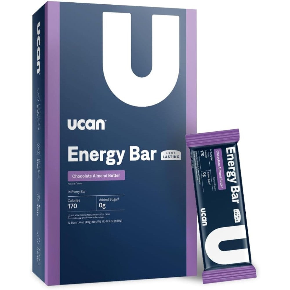 UCAN Chocolate Almond Butter Energy Bars front view showing 12 count box packaging.