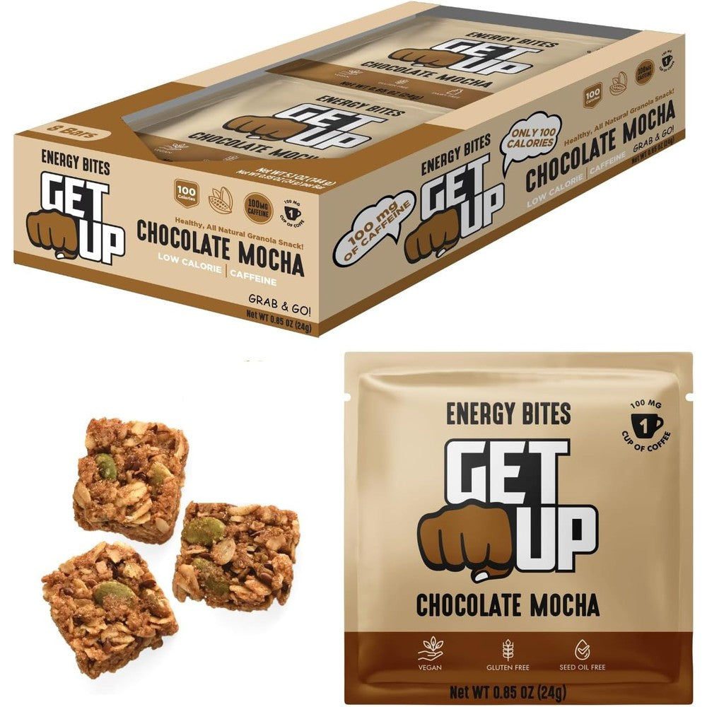 Get Up Chocolate Mocha Caffeinated Granola Bites 10 pack front view for pre-workout energy