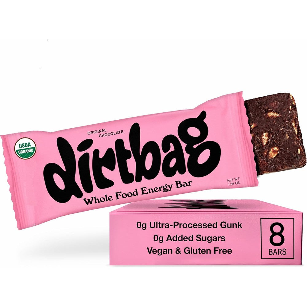 Dirtbag Bar Original Chocolate 8 pack box front view clean energy snack.