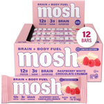 MOSH Raspberry White Chocolate Crunch Protein Bars 12 Count box front view.