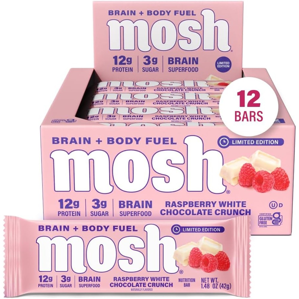MOSH Raspberry White Chocolate Crunch Protein Bars 12 Count box front view.