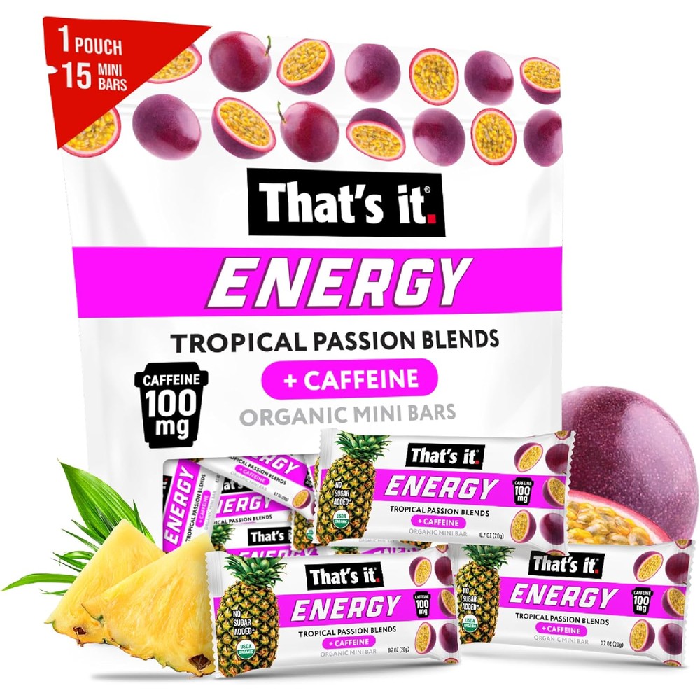 That's It Tropical Passion Energy Mini Bars 15 count pouch front view organic energy snack.