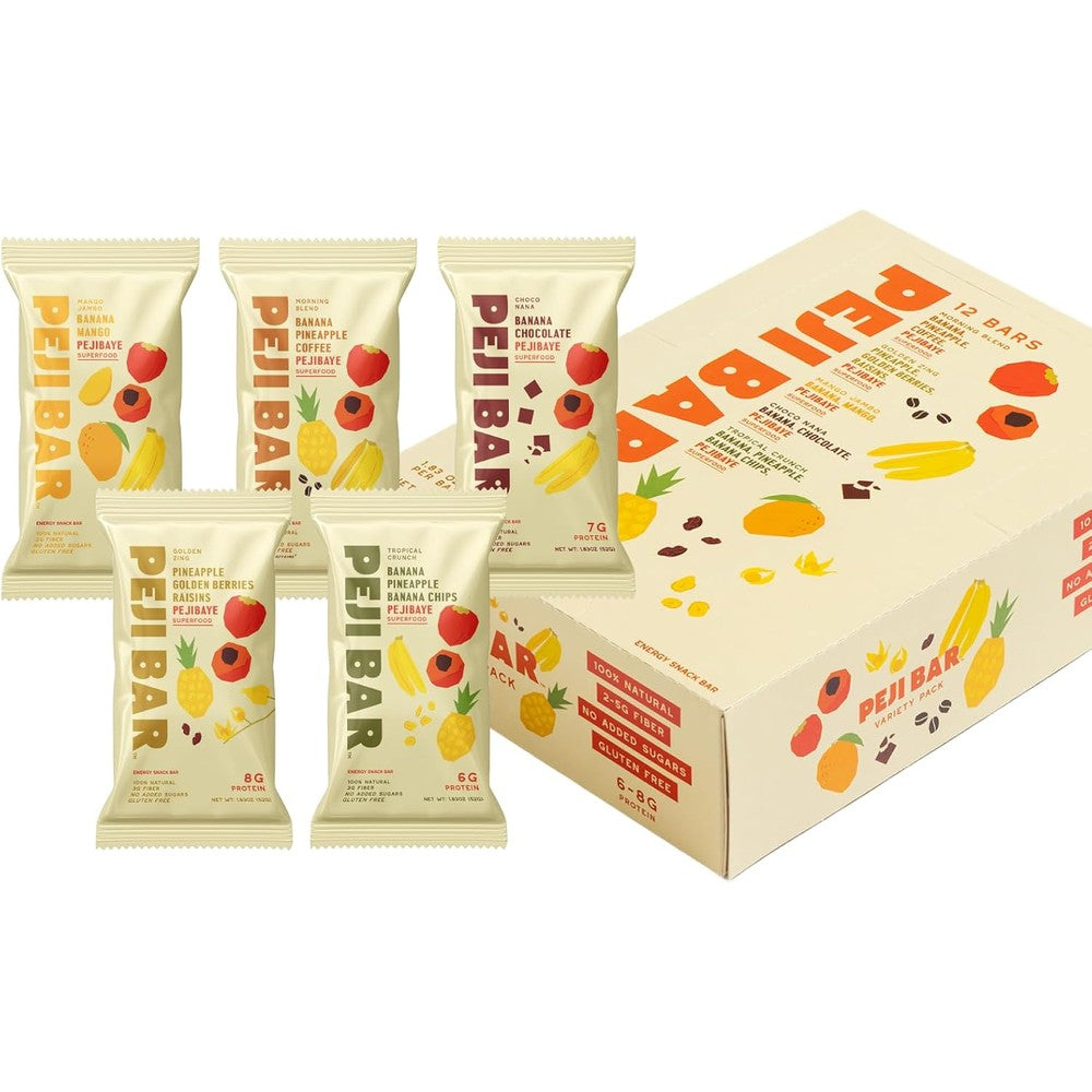 PEJI BAR Superfood Energy Bars Variety Pack front view featuring five tropical flavors.
