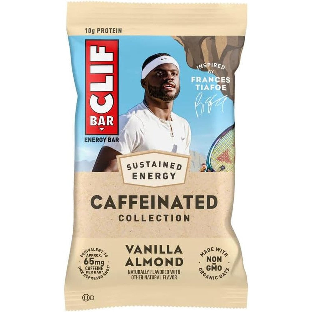 Clif Bar Vanilla Almond Caffeine Energy Bar front packaging view showing organic oats logo.