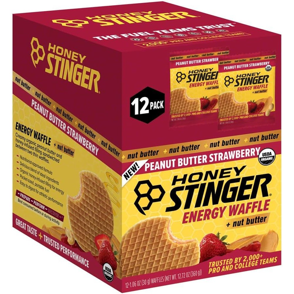 Honey Stinger Peanut Butter Strawberry Energy Waffle 12 pack front view