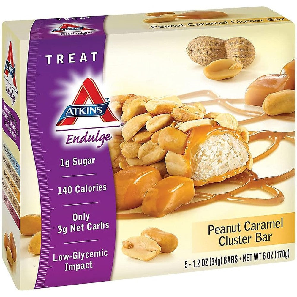 Atkins Endulge Peanut Caramel Cluster Bar front packaging view low carb keto snack.
