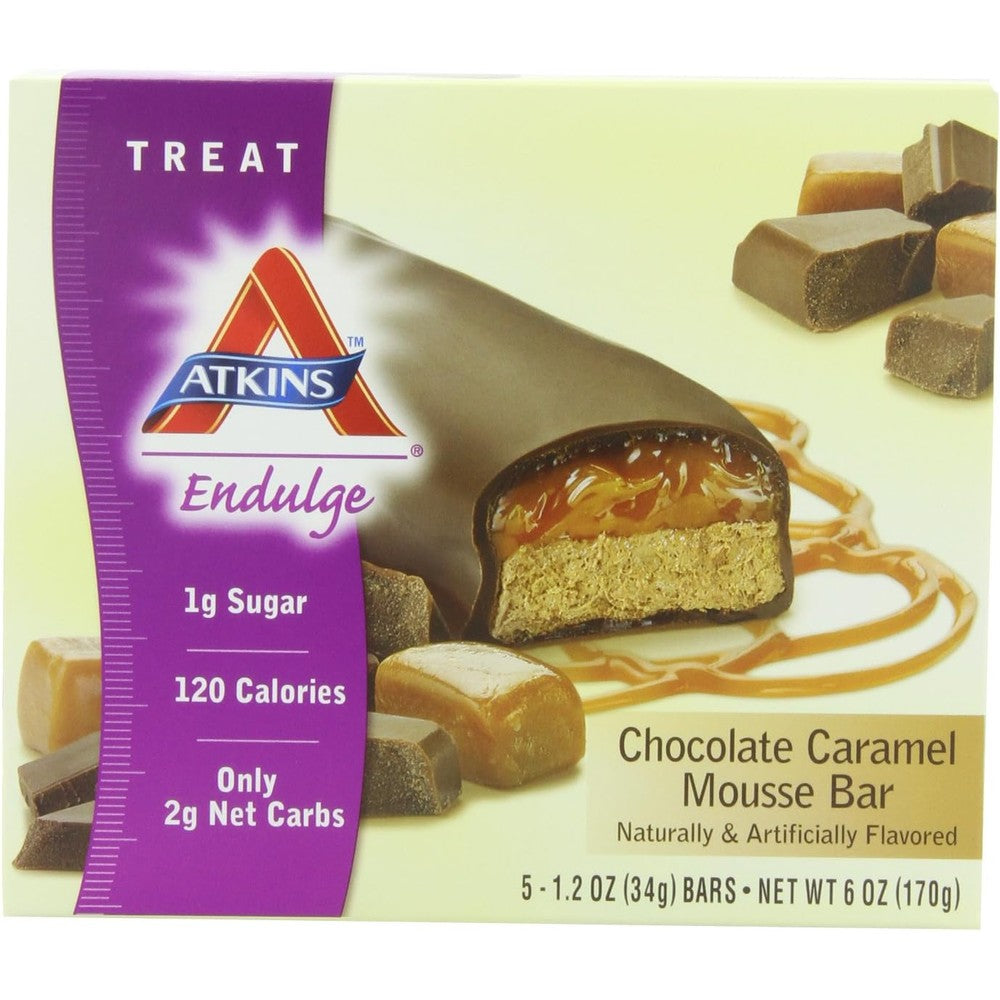 Atkins Endulge Chocolate Caramel Mousse Bar front packaging view low carb snack
