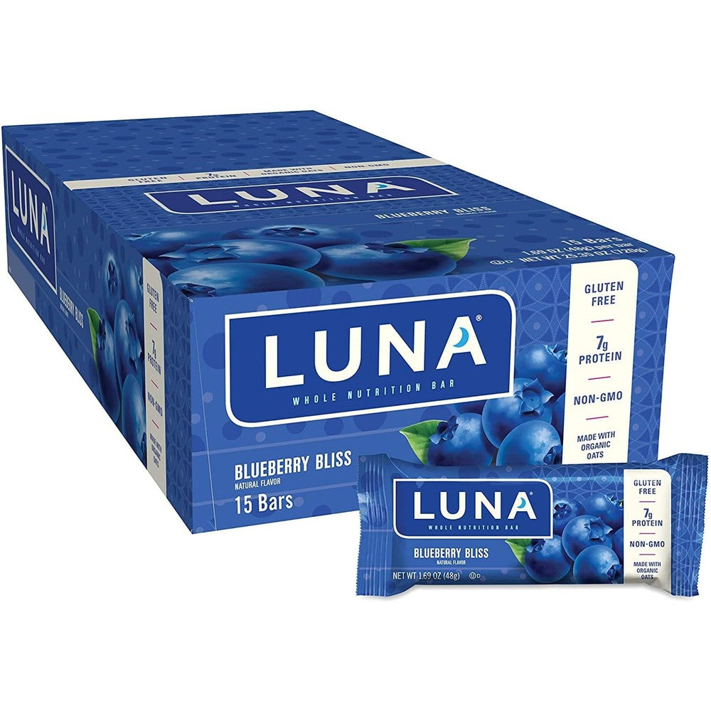 Luna Bar Blueberry Bliss 15 count box front view showing gluten free label.