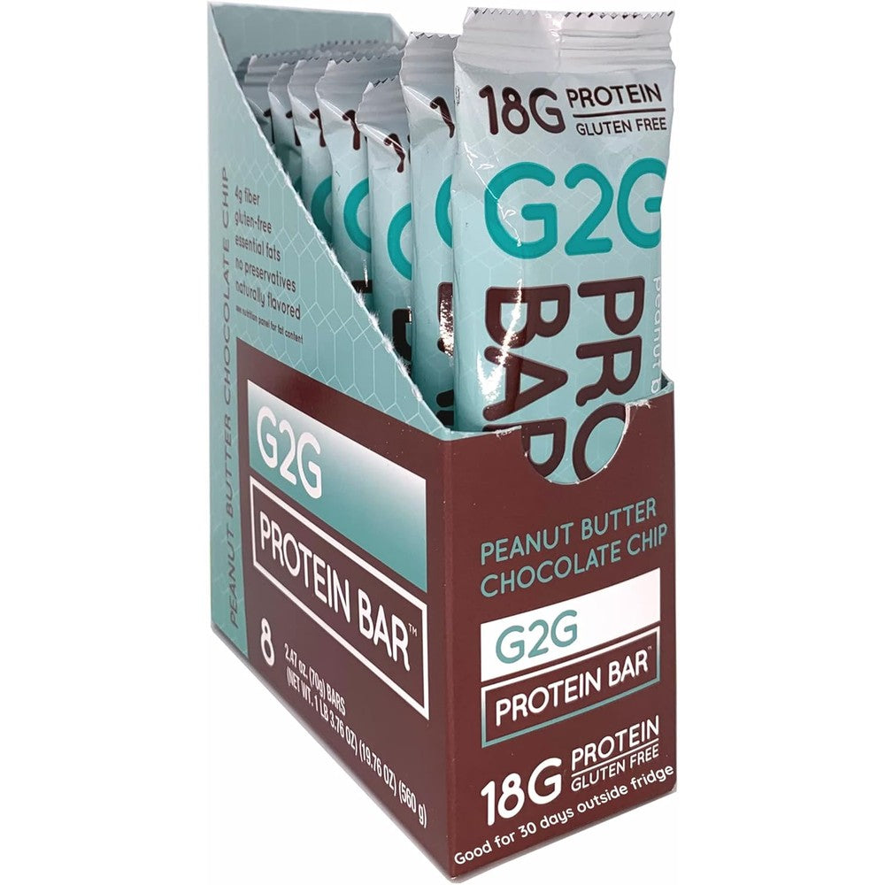 G2G Peanut Butter Chocolate Chip Protein Bar 8 pack front view showcasing high protein snack