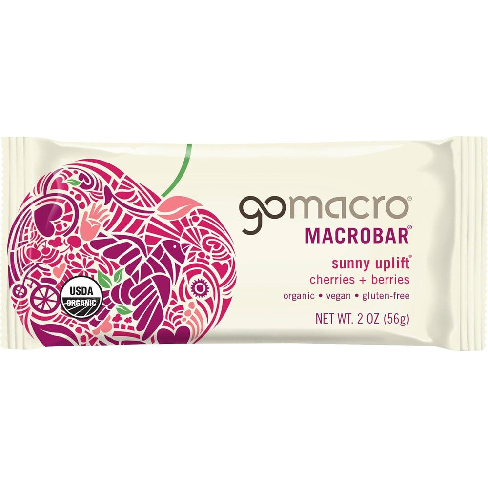 GoMacro Sunny Uplift Cherries and Berries MacroBar front packaging for organic snacking.