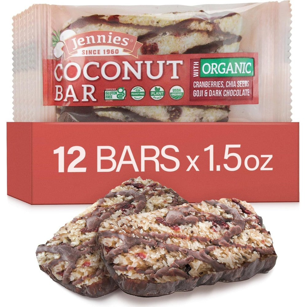 Jennies Raw Organic Goji Moji Coconut Bar 12 pack front view organic gluten free snack.