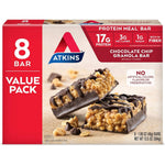 Atkins Chocolate Chip Granola Protein Meal Bar front packaging showing 8 count value pack.