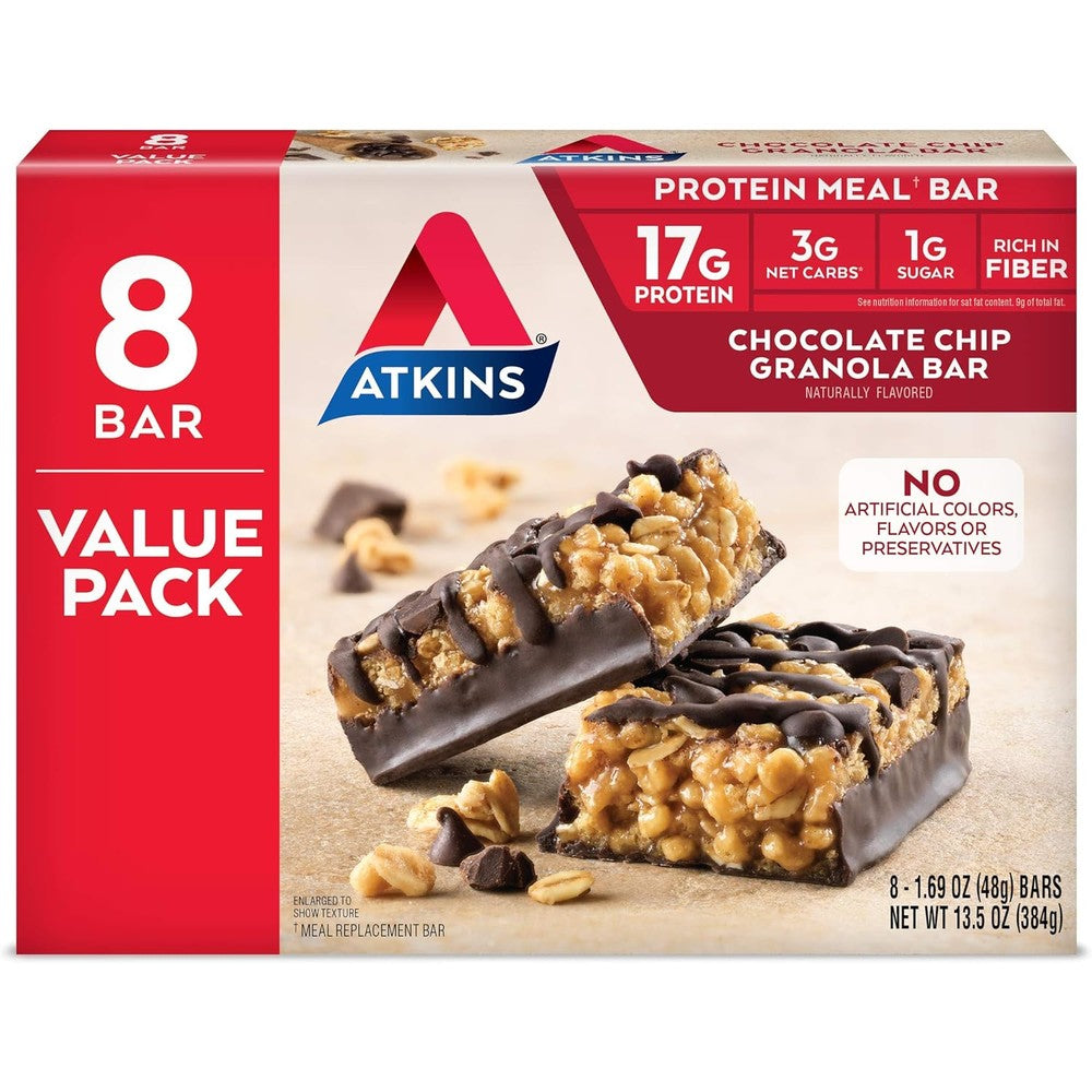 Atkins Chocolate Chip Granola Protein Meal Bar front packaging showing 8 count value pack.