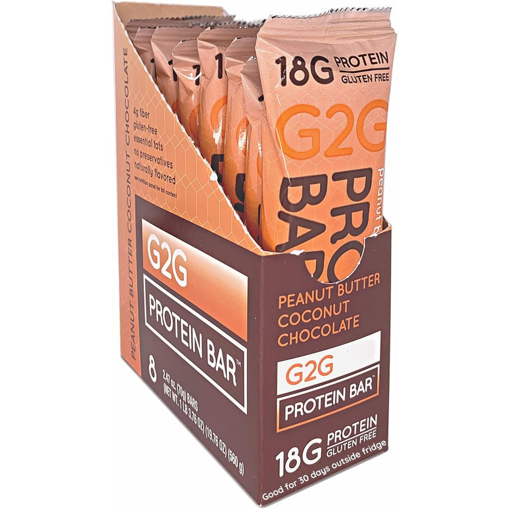 G2G Protein Bar Peanut Butter Coconut Chocolate 8 count pack front view with 18g protein label.