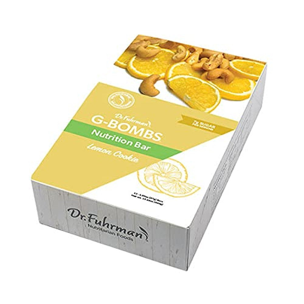 Dr. Fuhrman G-BOMBS Lemon Cookie Nutrition Bar front packaging 12 count box