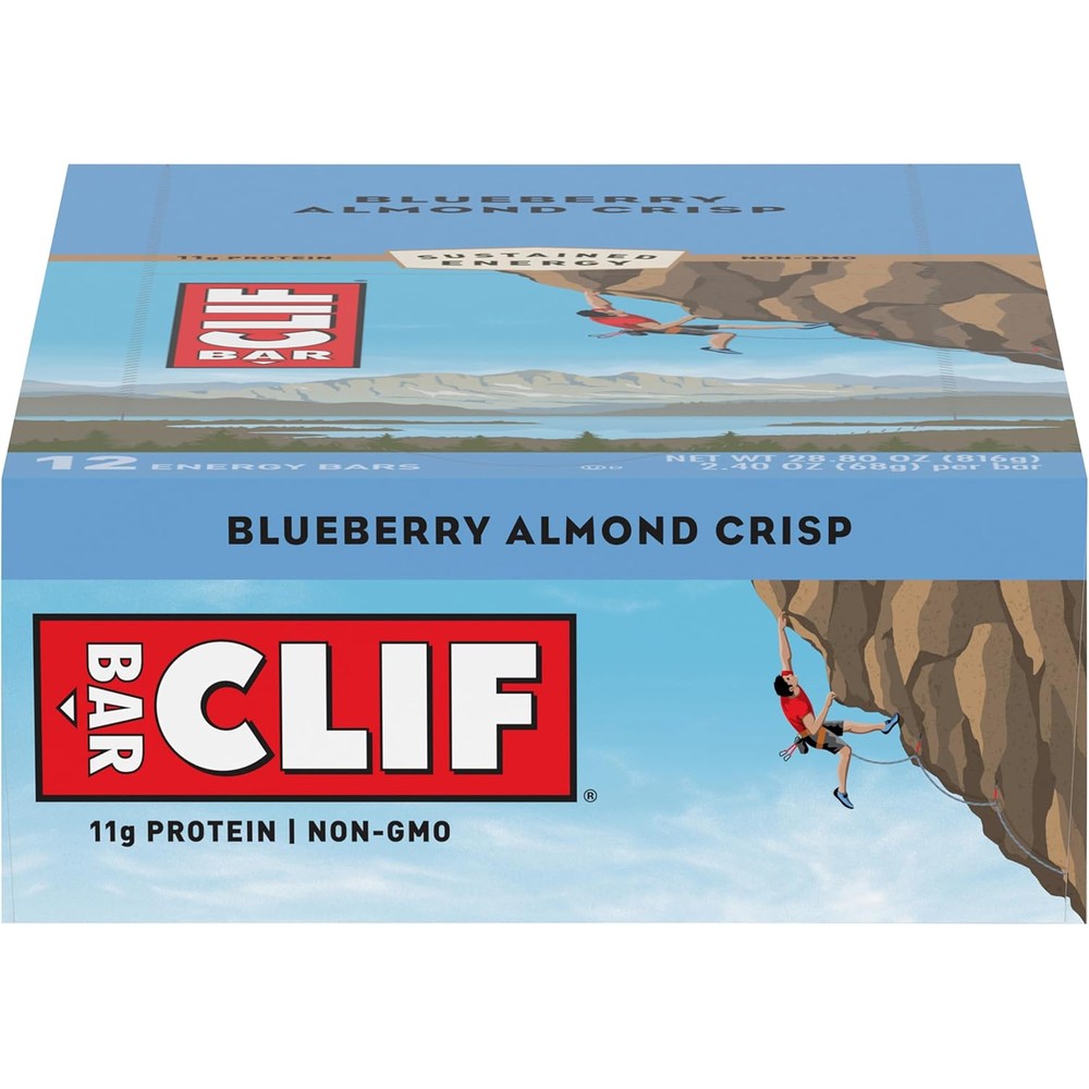 CLIF BAR Energy Bars Blueberry Crisp 12 Count box front view for endurance nutrition.
