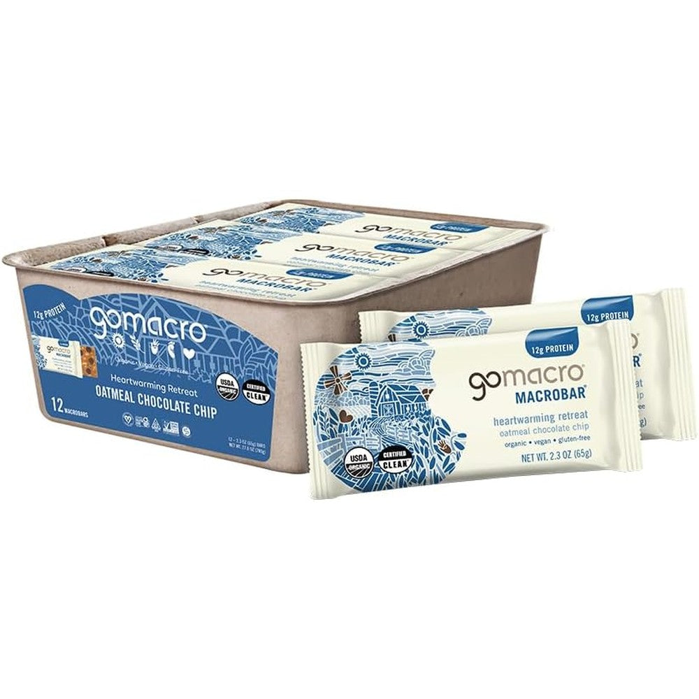 GoMacro MacroBar Oatmeal Chocolate Chip 12 count box front view vegan protein bars