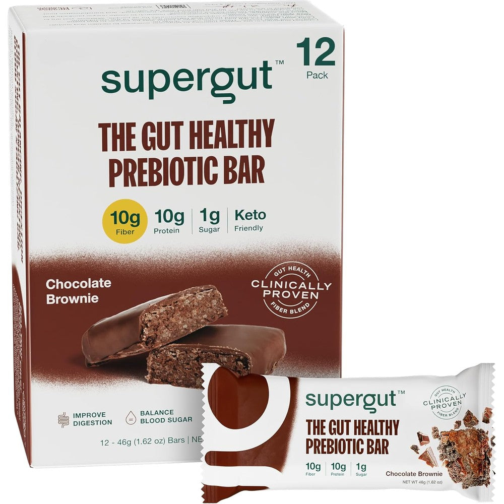 Supergut GLP-1 Boosting Prebiotic Bars Chocolate Brownie front view 12 count box