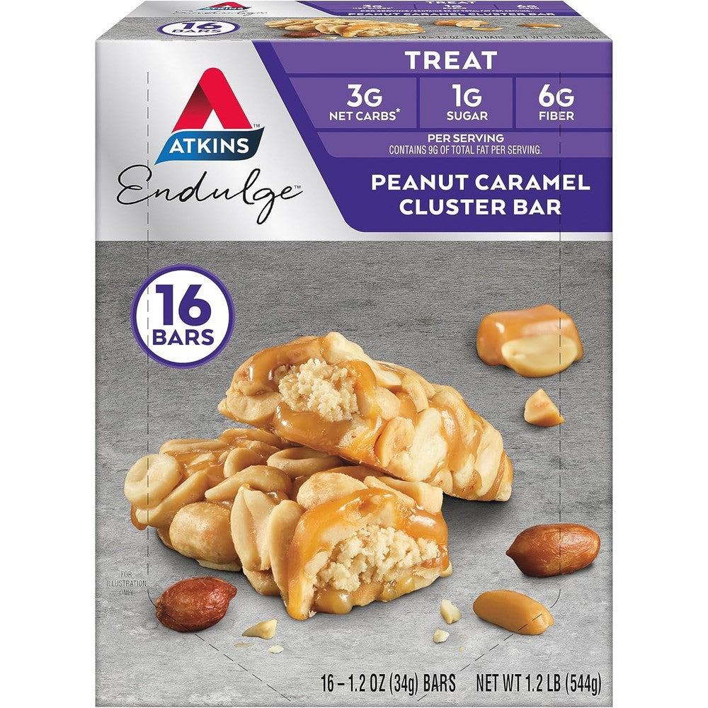 Atkins Endulge Peanut Caramel Cluster Bar 16 pack front view keto snack