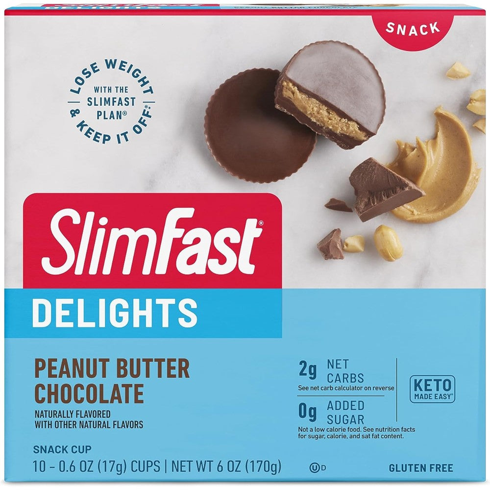 SlimFast Delights Peanut Butter Chocolate Snack Cup 10 count box front view showing keto friendly label.