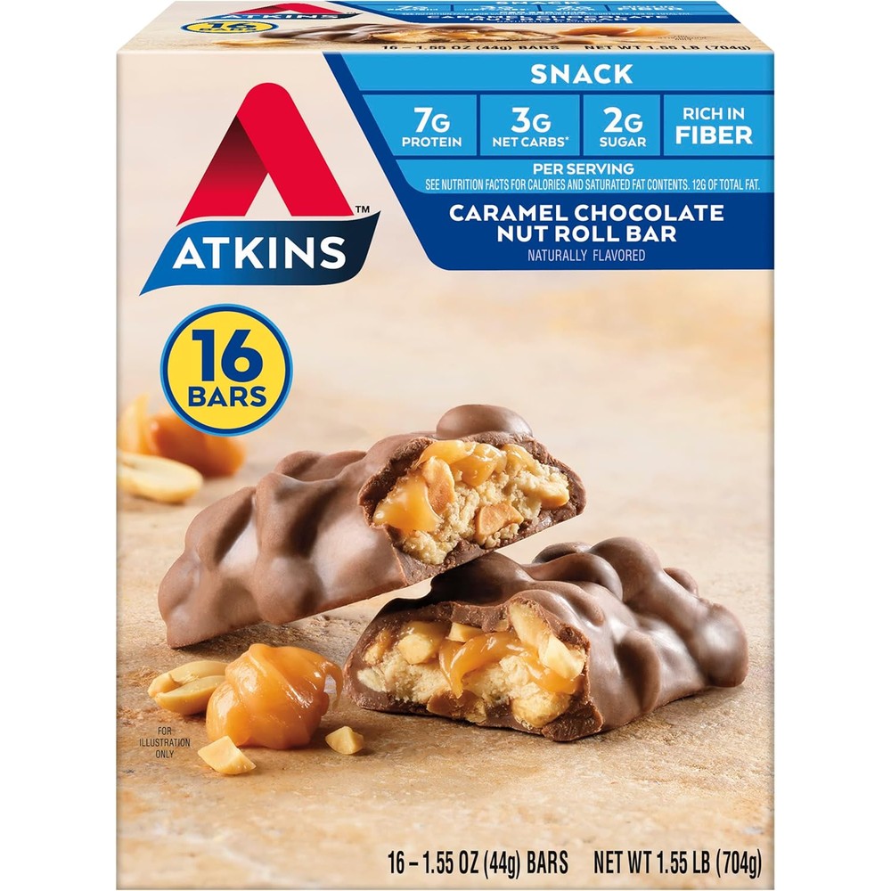 Atkins Caramel Chocolate Nut Roll Snack Bar 16 Count box front view protein snack.