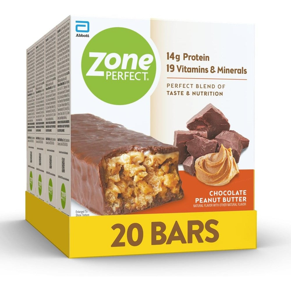 Zone Perfect Protein Bars Chocolate Peanut Butter 20 Count Box Front View Authentic Import