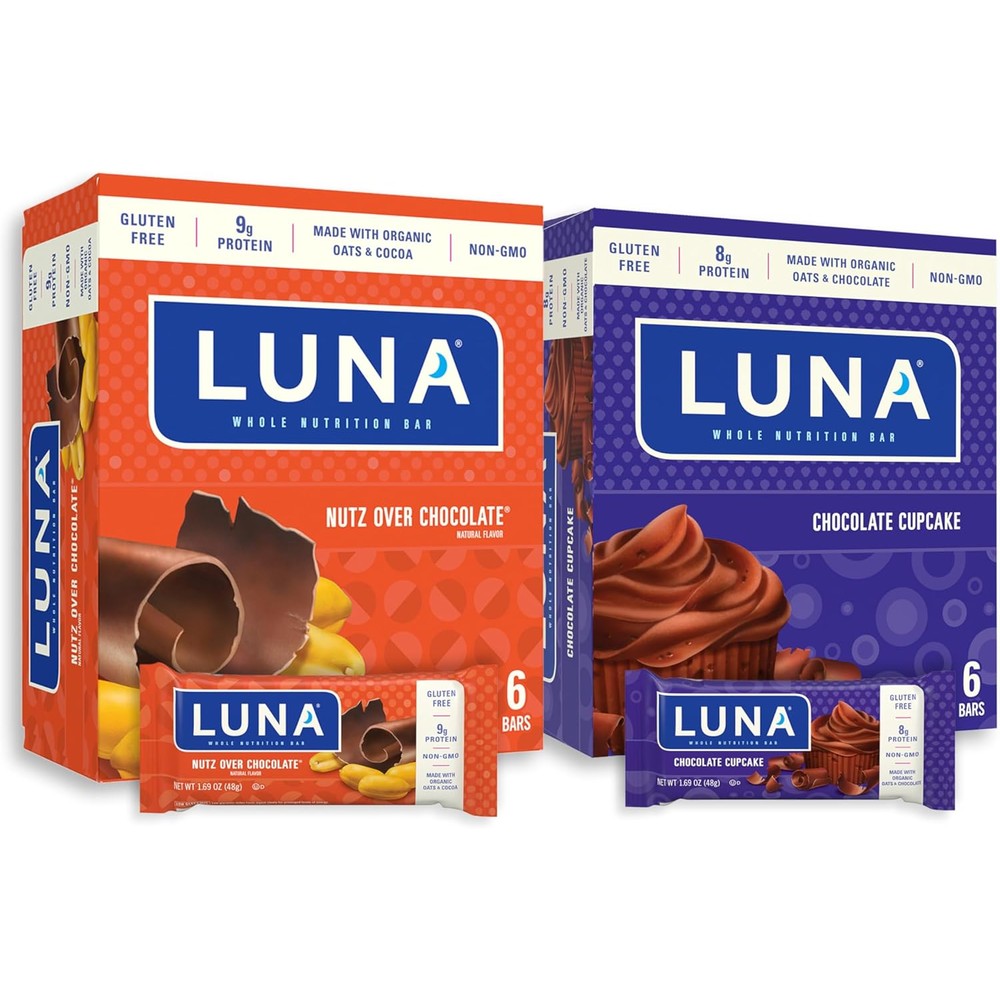 Luna Bar Variety Pack front view showing chocolate cupcake and nutz over chocolate boxes.