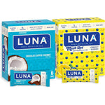 LUNA Bar Variety Pack front view showing Chocolate Coconut and LemonZest Blueberry boxes.
