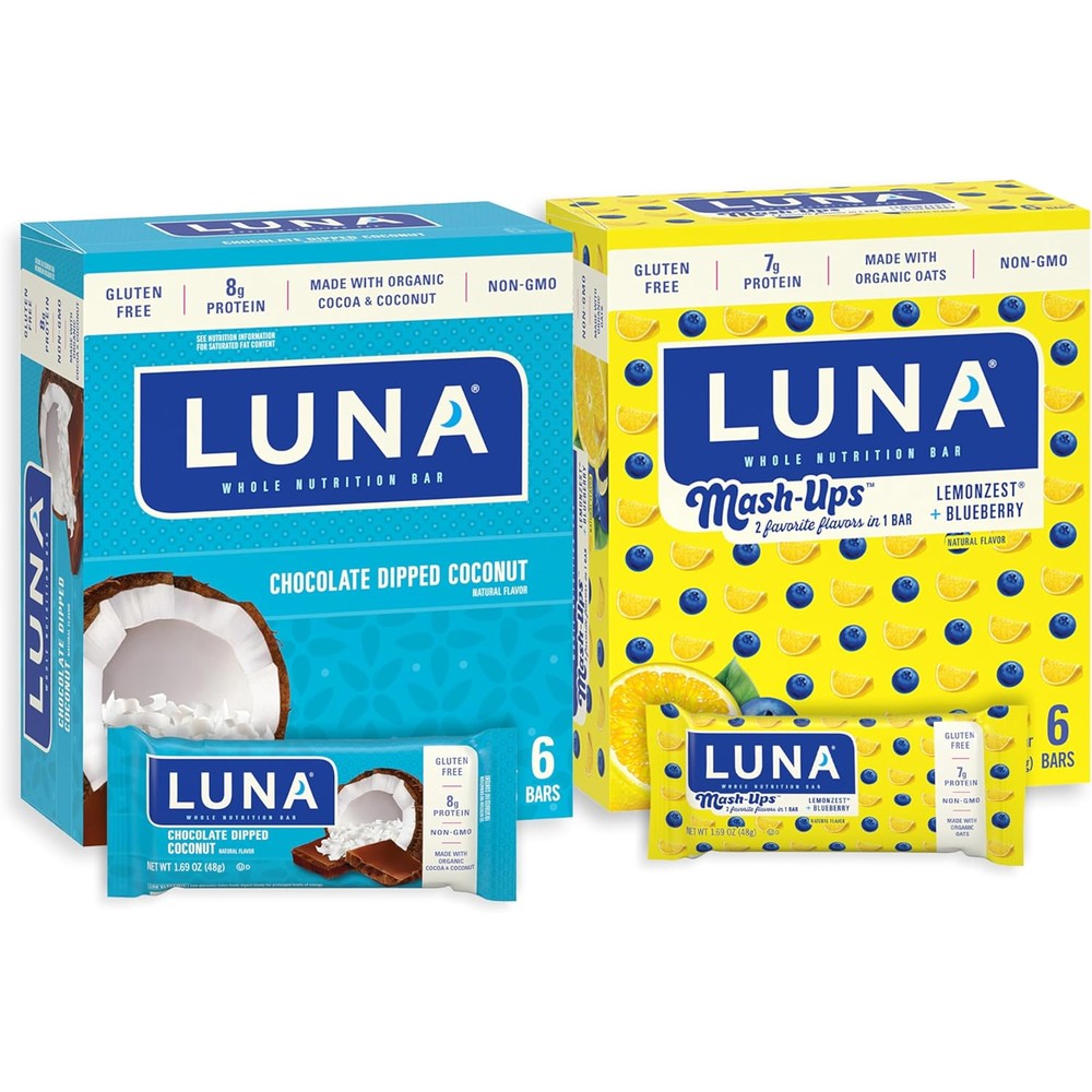LUNA Bar Variety Pack front view showing Chocolate Coconut and LemonZest Blueberry boxes.