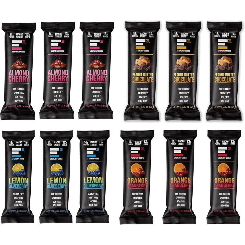 E3 Energy Cubes- Original Variety Pack - 3 of Each Original Flavor- Refrigerated Protein Bars | Healthy Snack Bars, Gluten Free, Dairy Free, Soy Free, | Made in USA Pack of 12
