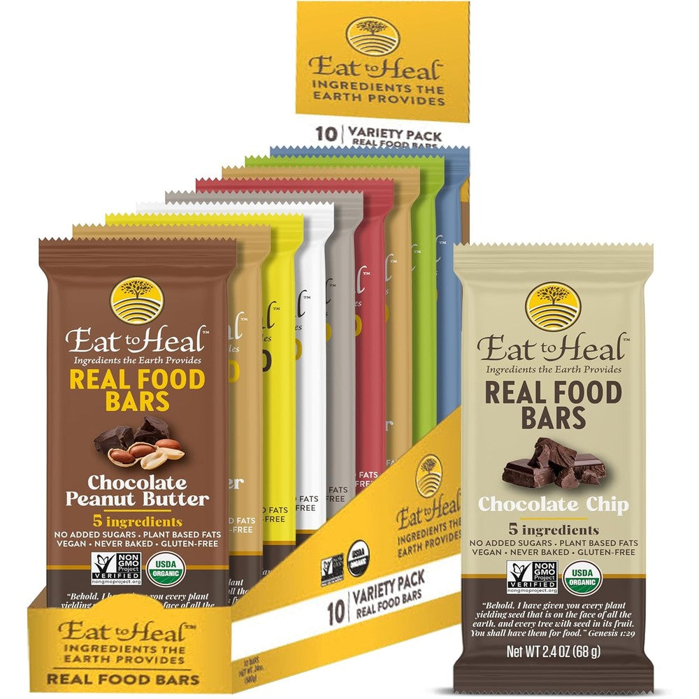 EatToHeal Variety Pack Real Food Bar front view of assorted flavors.